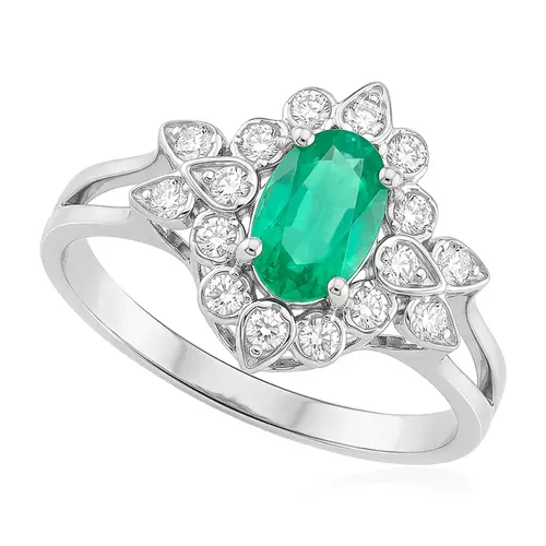 Anel de Ouro Branco com Diamantes e Esmeralda 46 Pts.