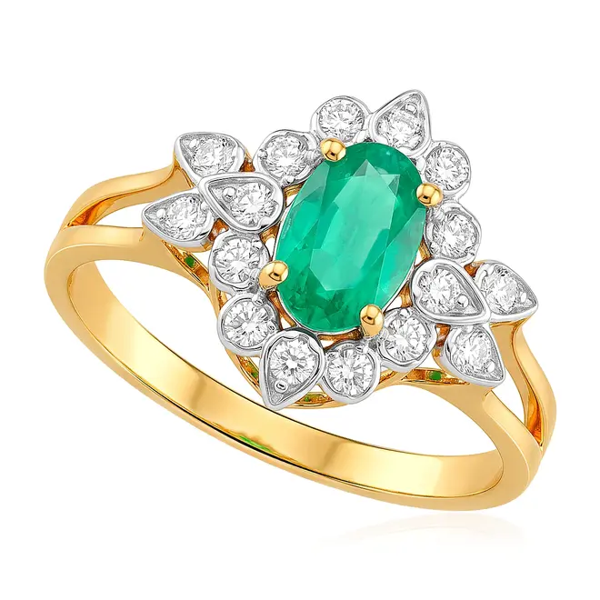 Anel de Ouro Amarelo com Diamantes e Esmeralda 46 Pts.