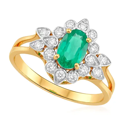 Anel de Ouro Amarelo com Diamantes e Esmeralda 46 Pts.