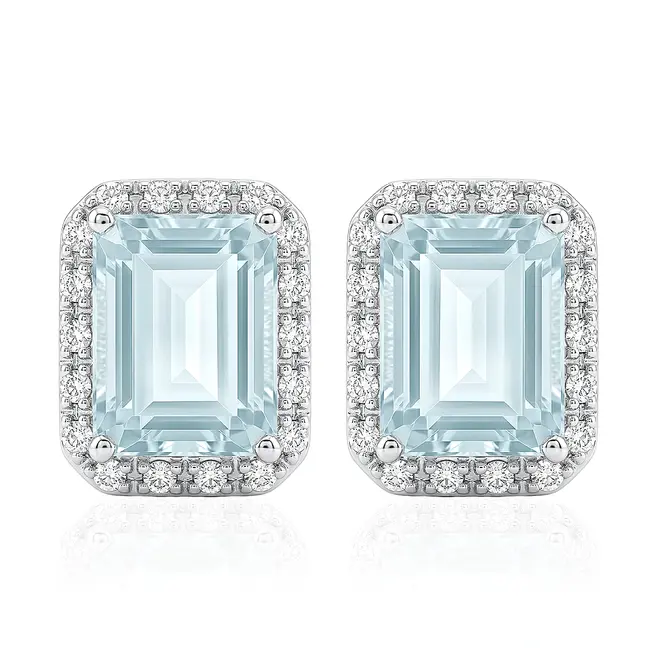 Par de Brincos de Ouro Branco com Diamantes e Água Marinha totalizando 2,70 Cts.