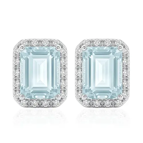 Par de Brincos de Ouro Branco com Diamantes e Água Marinha totalizando 2,70 Cts.