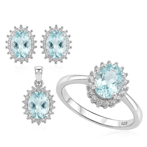 Conjunto Par de Brincos, Pingente e Anel de Prata com Diamantes de Laboratório e Água Marinha.