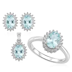 Conjunto Par de Brincos, Pingente e Anel de Prata com Diamantes de Laboratório e Água Marinha.
