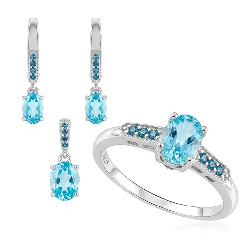 Conjunto Par de Brincos, Pingente e Anel de Prata com Diamante Azul e Topázio.