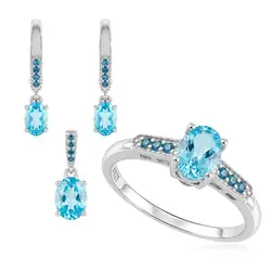 Conjunto Par de Brincos, Pingente e Anel de Prata com Diamante Azul e Topázio.