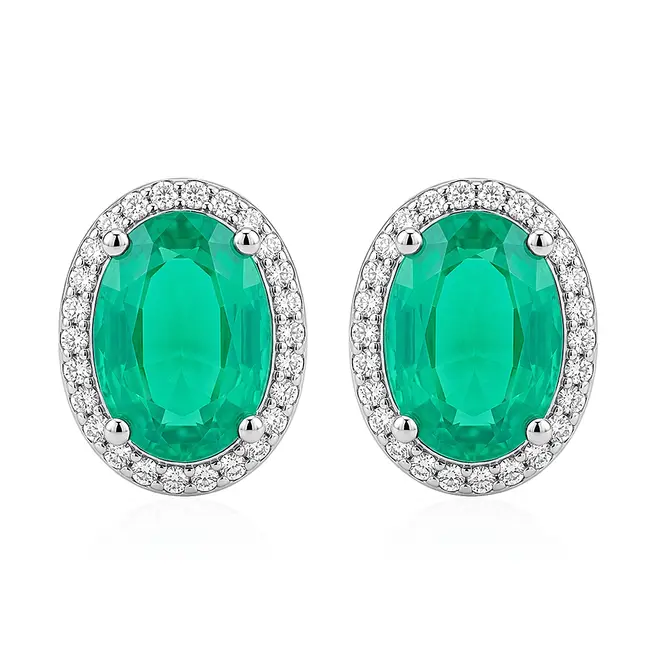 Par de Brincos de Prata com Diamantes e Esmeraldas Colombianas.