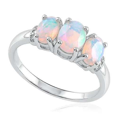 Anel de Prata com Diamantes e 3 Opala.