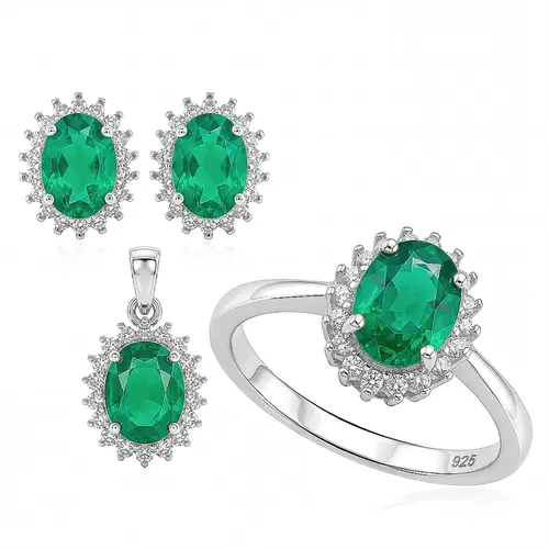 Conjunto Par de Brincos, Pingente e Anel de Prata com Diamantes de Laboratório e Esmeraldas. 125735