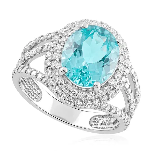 Anel de Ouro Branco com 100 Diamantes e Turmalina Paraíba de 3,84 Cts.
