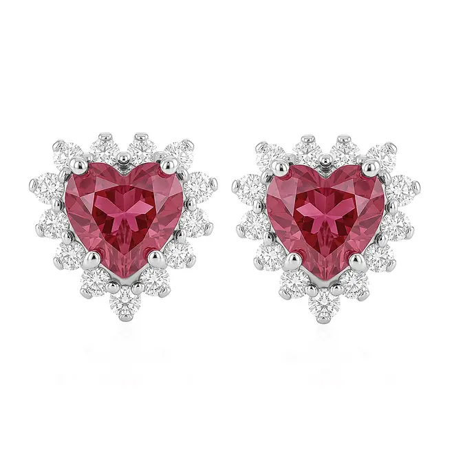 Par de Brincos de Ouro Branco com Diamantes e Turmalina Rosa totalizando 60 Pts.