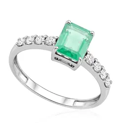 Anel de Ouro Branco com 30 pts em Diamantes e Esmeralda Colombiana de 1,98 ct