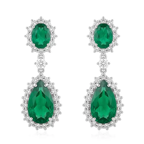 Par de Brincos Trabalhado de Ouro Branco com Diamantes e Esmeraldas.