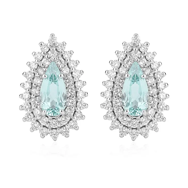 Par de Brincos Ouro Branco com 72 Diamantes e Turmalina Paraíba totalizando 1,46 Cts.