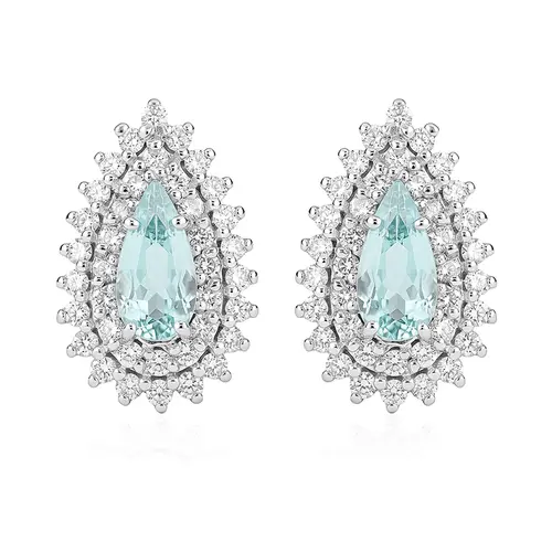 Par de Brincos Ouro Branco com 72 Diamantes e Turmalina Paraíba totalizando 1,46 Cts.