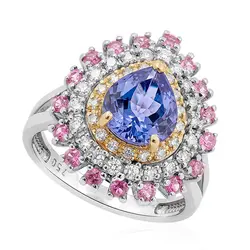 Anel de Ouro Branco com Diamantes, Safiras Rosas e Tanzanita Totalizando 1,90 Cts.