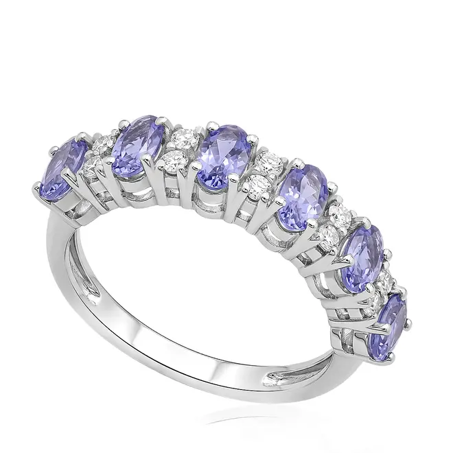 Meia Aliança de Ouro Branco com 10 Diamantes  e 6 Tanzanitas.