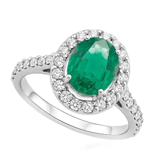 Anel de Ouro Branco com Diamantes e Esmeralda de 2,40 Cts.
