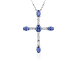Pingente Cruz em Ouro Branco com Corrente, Diamante e Safiras.