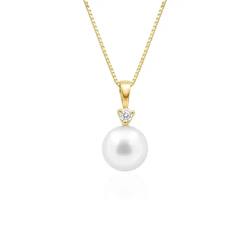 Pingente de Ouro Amarelo com Corrente, Diamante e  Pérola.