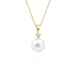 Pingente de Ouro Amarelo com Corrente, Diamante e  Pérola.