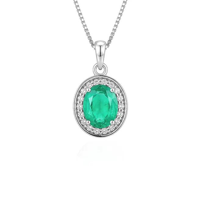 Pingente de Ouro Branco com Corrente Veneziana, Diamantes e Esmeralda Colombiana 122848