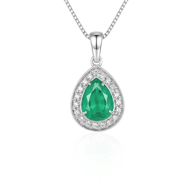 Pingente Gota de Ouro Branco com Corrente, Diamantes e Esmeralda Colombiana de 1,15 Cts.
