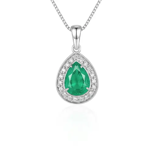 Pingente Gota de Ouro Branco com Corrente, Diamantes e Esmeralda Colombiana de 1,15 Cts.