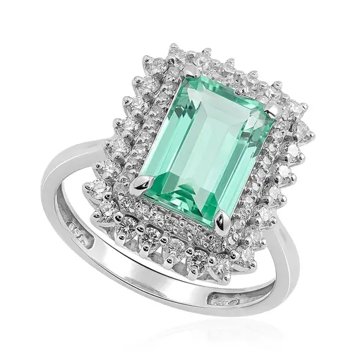 Anel de Ouro Branco com Diamantes e Esmeralda Colombiana Retangular de 2,80 Cts.