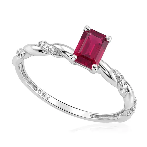 Anel de Ouro Branco com Diamantes e Rubi 82 Pts.