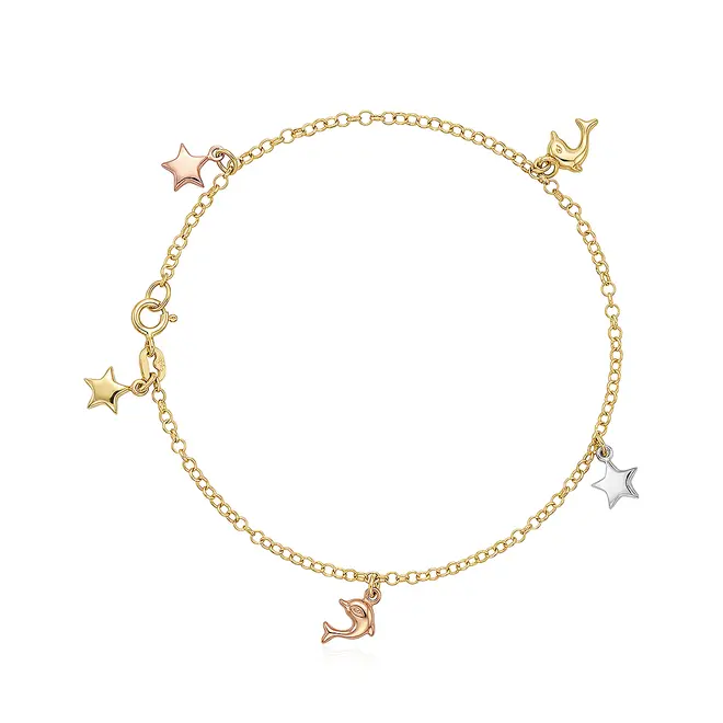 Tornozeleira de Ouro Amarelo com Berloques Estrelas e Golfinhos, de Ouro 3 Cores