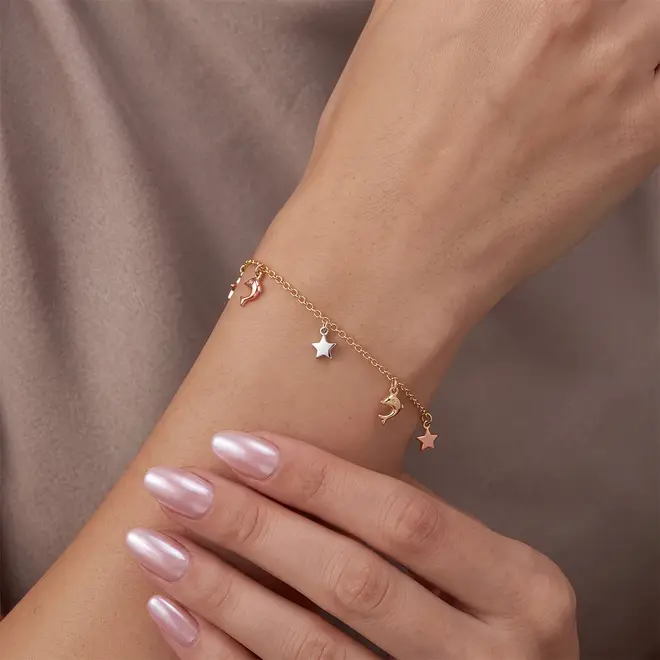 Tornozeleira de Ouro Amarelo com Berloques Estrelas e Golfinhos, de Ouro 3 Cores