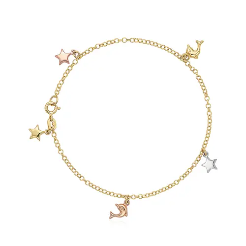 Tornozeleira de Ouro Amarelo com Berloques Estrelas e Golfinhos, de Ouro 3 Cores