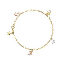 Tornozeleira de Ouro Amarelo com Berloques Estrelas e Golfinhos, de Ouro 3 Cores