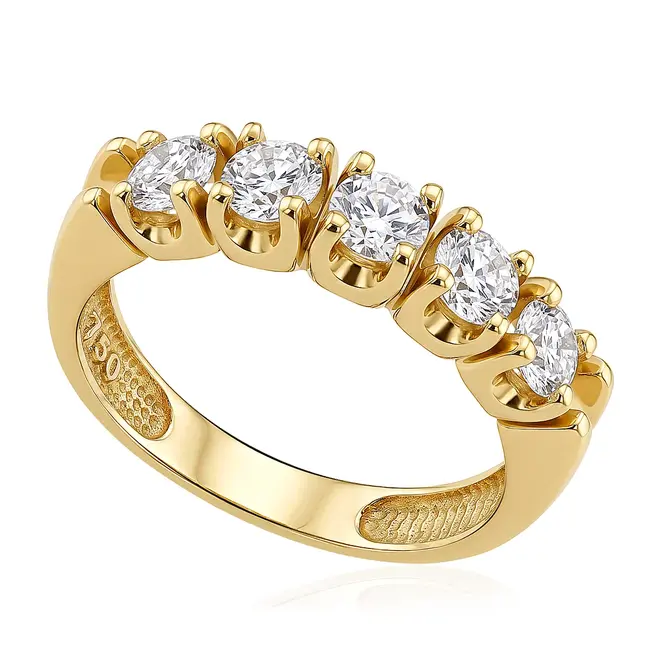 Meia Aliança de Ouro Amarelo com 5 Diamantes de Laboratório Totalizando 1,0 Cts.