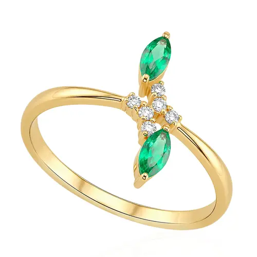Anel Trabalhado de Ouro Amarelo com Diamantes e Esmeralda 126197