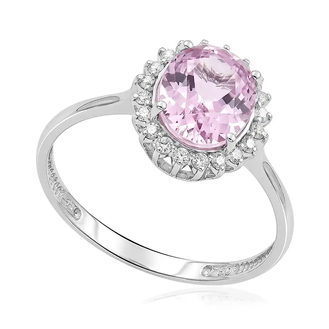 Anel de Ouro Branco com 20 Diamantes e Kunzita de 2,70 Cts.