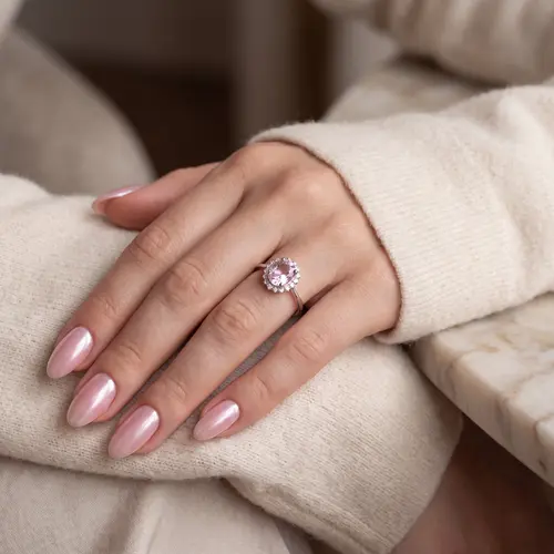 Anel de Ouro Branco com 20 Diamantes e Kunzita de 2,70 Cts.