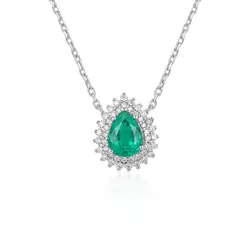 Pingente de Ouro Branco com Diamantes e Esmeralda Gota de 1,04 Cts.