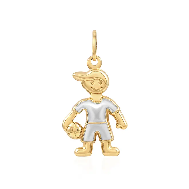 Pingente Menino com bola em Ouro Amarelo 18k com detalhe em ródio