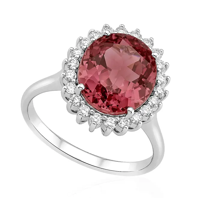Anel de Ouro Branco com Diamantes e Turmalina Rosa de 3,9 Cts.