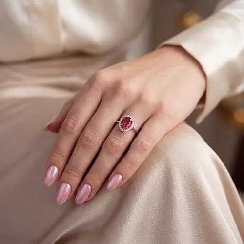 Anel de Ouro Branco com Diamantes e Turmalina Rosa de 3,9 Cts.