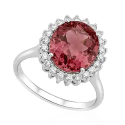 Anel de Ouro Branco com Diamantes e Turmalina Rosa de 3,9 Cts.