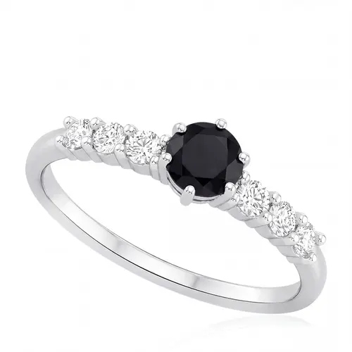 Anel Trabalhado de Ouro Branco com Diamantes e Diamante Negro de 21 Pts.