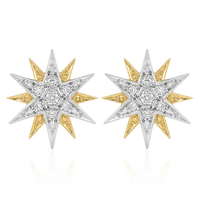 Par de Brincos Estrela de Ouro Amarelo com 14 Diamantes 126612