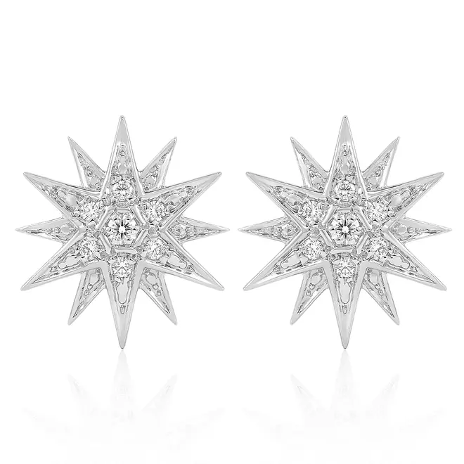 Par de Brincos Estrela de Ouro Branco com 14 Diamantes 126613