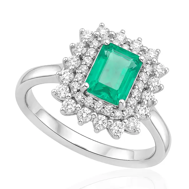 Anel de Ouro Branco com 40 Diamantes e Esmeralda Colombiana de 1,75 Cts.