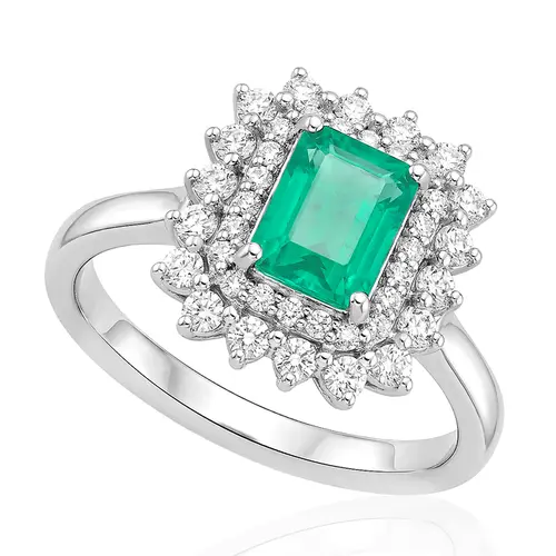 Anel de Ouro Branco com 40 Diamantes e Esmeralda Colombiana de 1,75 Cts.