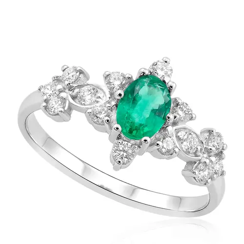 Anel Trabalhado de Ouro Branco com Diamantes e Esmeralda de 45 Pts.
