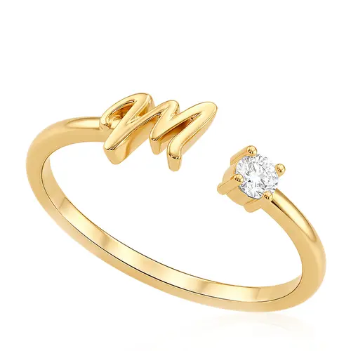 Anel Traballhado Ouro Amarelo com Letra Inicial e Diamante de 7 Pts.