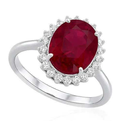 Anel de Ouro Branco com 22 Diamantes e Rubi de 3,90 Cts.